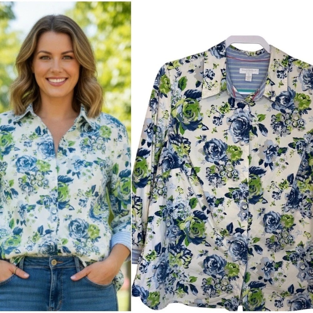 Charter Club Blue & Green Floral Collared Button-Down 97% cotton